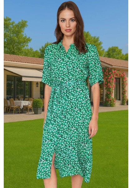 Kadın Yazlık Midi Gömlek Elbise Animal Desenli Viskoz Kumaş Rahat Kalıp Modern Stil Seçkin Malzeme