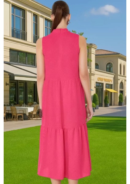 Kadın Yazlık Midi Elbise Nefes Alan Polyester Dokuma Kumaş Rahat Trend Tasarım Modern Stil
