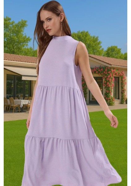 Kadın Yazlık Midi Elbise Nefes Alan Polyester Dokuma Kumaş Rahat Trend Tasarım Modern Stil