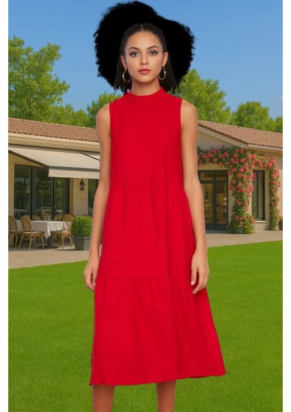 Kadın Yazlık Midi Elbise Nefes Alan Polyester Dokuma Kumaş Rahat Trend Tasarım Modern Stil