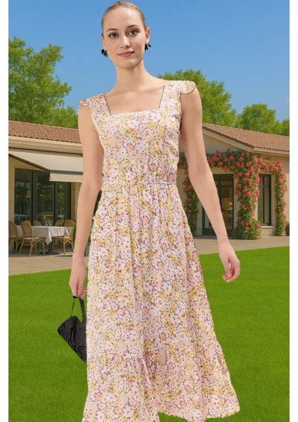 Feminen Çiçekli Desenli Viskoz Midi Elbise Kolsuz Kare Yaka Trend Tasarım Rahat ve Şık Yüksek Kalite