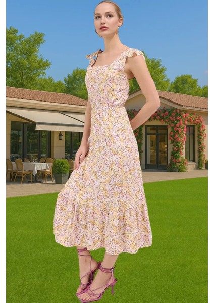 Feminen Çiçekli Desenli Viskoz Midi Elbise Kolsuz Kare Yaka Trend Tasarım Rahat ve Şık Yüksek Kalite fiyatları