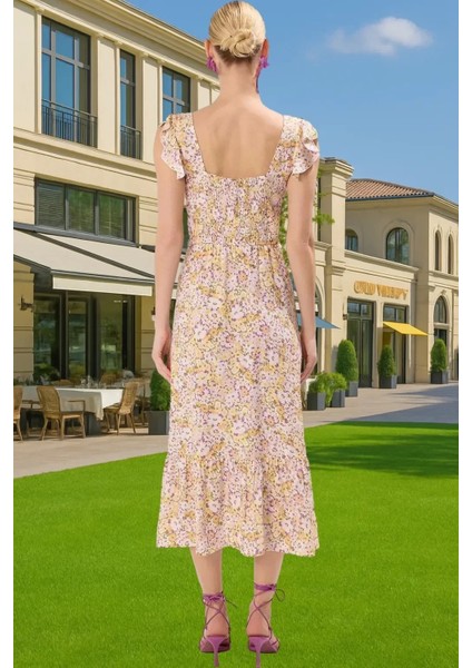 Feminen Çiçekli Desenli Viskoz Midi Elbise Kolsuz Kare Yaka Trend Tasarım Rahat ve Şık Yüksek Kalite modelleri