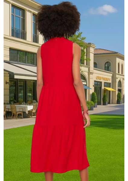 Kadın Yazlık Midi Elbise Nefes Alan Polyester Dokuma Kumaş Rahat Trend Tasarım Modern Stil