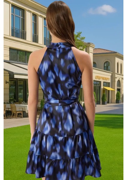 Kadın A Kesim Mini Elbise Saten Kumaş Çiçek Desenli Halter Yaka Mükemmel Uyum Şık Görünüm modelleri