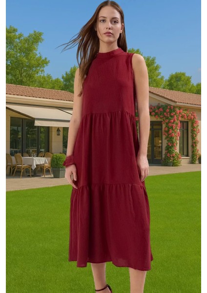 Kadın Yazlık Midi Elbise Nefes Alan Polyester Dokuma Kumaş Rahat Trend Tasarım Modern Stil
