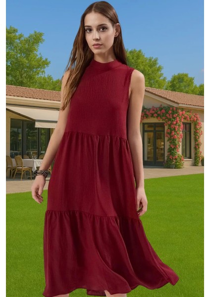 Kadın Yazlık Midi Elbise Nefes Alan Polyester Dokuma Kumaş Rahat Trend Tasarım Modern Stil