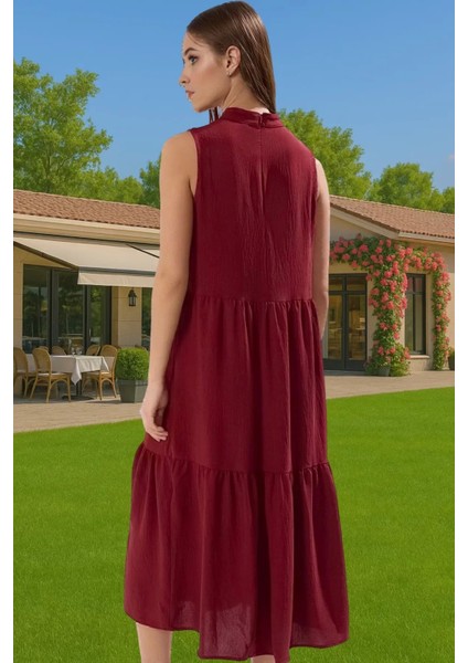 Kadın Yazlık Midi Elbise Nefes Alan Polyester Dokuma Kumaş Rahat Trend Tasarım Modern Stil