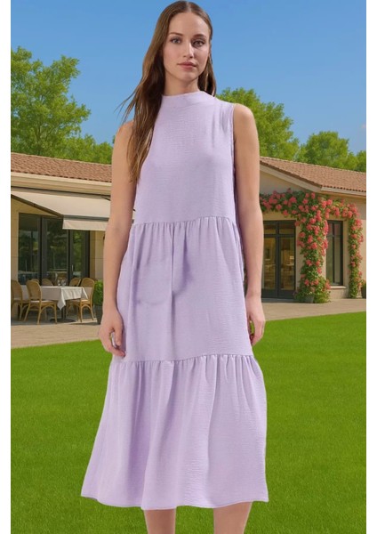 Kadın Yazlık Midi Elbise Nefes Alan Polyester Dokuma Kumaş Rahat Trend Tasarım Modern Stil