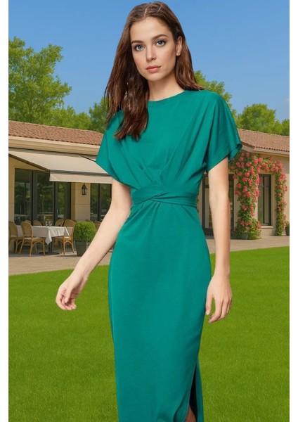 Yazlık Kadın Pamuk Midi Elbise Bodycon Kalıp Bağcıklı Tasarım Modern Stil Profesyonel Görünüm