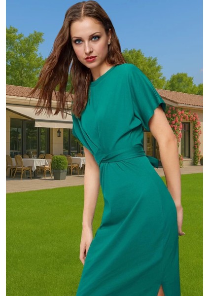 Yazlık Kadın Pamuk Midi Elbise Bodycon Kalıp Bağcıklı Tasarım Modern Stil Profesyonel Görünüm