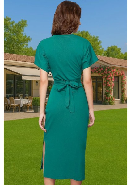 Yazlık Kadın Pamuk Midi Elbise Bodycon Kalıp Bağcıklı Tasarım Modern Stil Profesyonel Görünüm