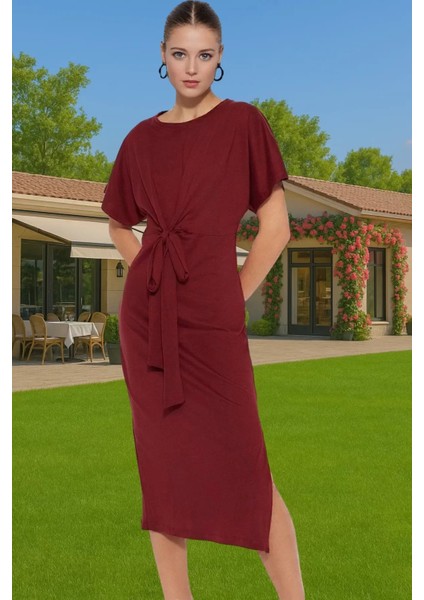 Yazlık Kadın Pamuk Midi Elbise Bodycon Kalıp Bağcıklı Tasarım Modern Stil Profesyonel Görünüm