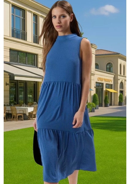 Kadın Yazlık Midi Elbise Nefes Alan Polyester Dokuma Kumaş Rahat Trend Tasarım Modern Stil