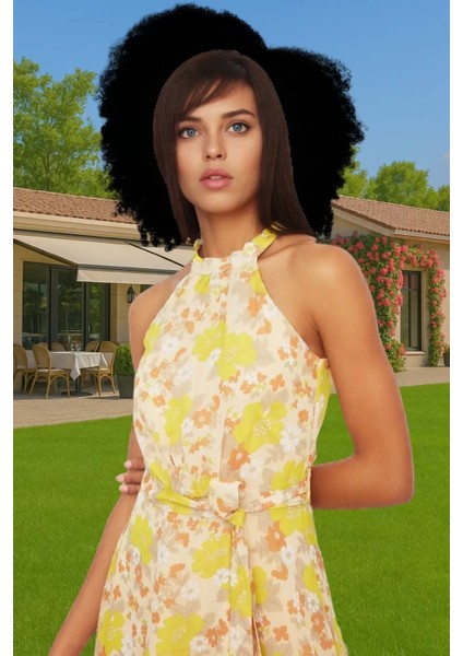 Yazlık Çiçekli A Kesim Bel Kuşaklı Midi Dokuma Elbise Modern Stil Özenle Seçilmiş Seçkin Malzeme fiyatları