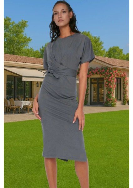 Yazlık Kadın Pamuk Midi Elbise Bodycon Kalıp Bağcıklı Tasarım Modern Stil Profesyonel Görünüm