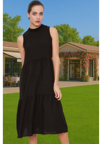 Kadın Yazlık Midi Elbise Nefes Alan Polyester Dokuma Kumaş Rahat Trend Tasarım Modern Stil