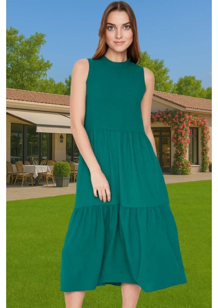 Kadın Yazlık Midi Elbise Nefes Alan Polyester Dokuma Kumaş Rahat Trend Tasarım Modern Stil