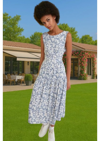 Rahat Viskoz Kumaştan Çiçekli Desenli Midi Skater Elbise Kaliteli Işçilik Premium Kalite Şık Görünüm