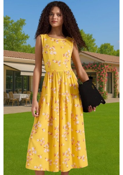 Rahat Viskoz Kumaştan Çiçekli Desenli Midi Skater Elbise Kaliteli Işçilik Premium Kalite Şık Görünüm