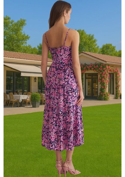 Şık ve Rahat A Kesim Çiçek Desenli Midi Viskoz Elbise Günlük Kullanım Için Zarifane Tasarım modelleri