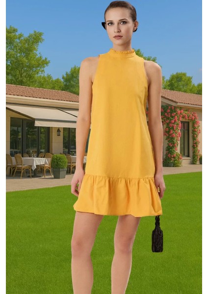 Kadın Yazlık Kolsuz Mini Elbise Pamuk Polyester Poplin Dokuma Günlük Kullanım Için Rahat ve Şık