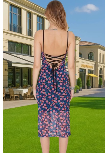 Askılı Bodycon Polyester Elbise Baskılı Tül Midi Premium Kalite Zarifane Tasarım Özel Tasarım modelleri
