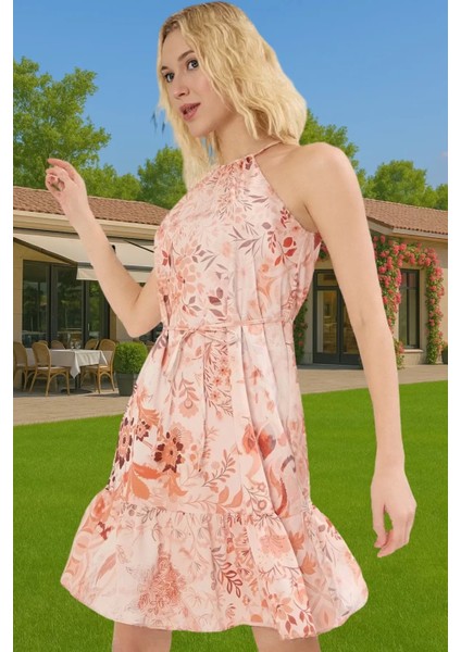 Astarlı Polyester Şifon Mini Elbise Kuşaklı Çiçekli Desen Halter Yüksek Kalite Seçkin Malzeme