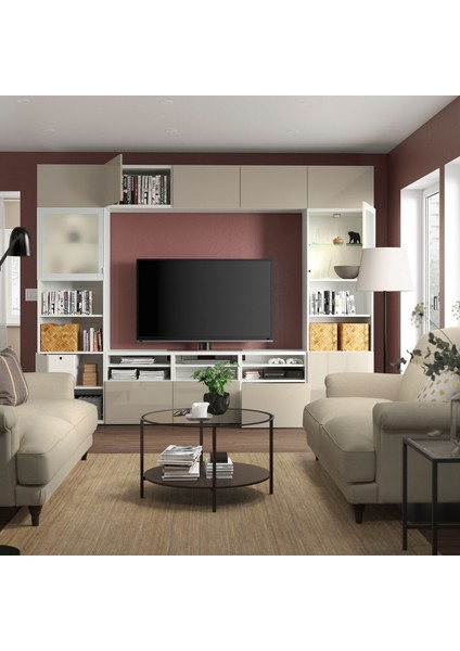 Tv Ünitesi, Beyaz-Parlak Cila-Bej, 300X42X231 Cm, Selsvıken/glassvık, Çıt Çıt Raylı indirimleri
