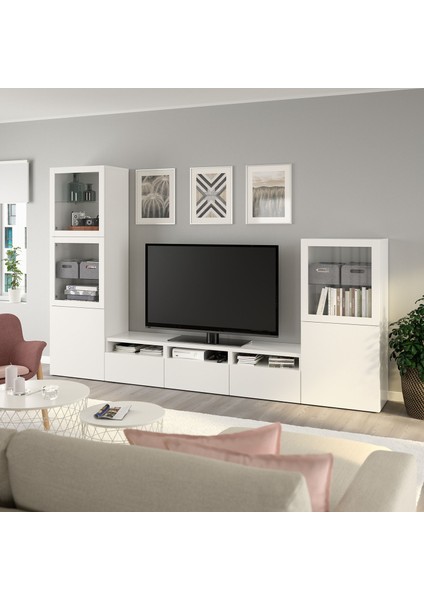 Tv Ünitesi, Beyaz-Şeffaf Cam, 300X42X193 Cm, Lappvıken/sındvık, Çıt Çıt Raylı