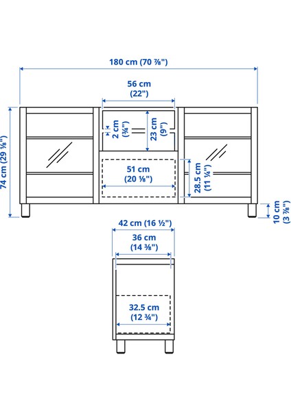 Tv Sehpası, Beyaz, 180X42X74 Cm, Lappvıken/sındvık, Çıt Çıt Raylı