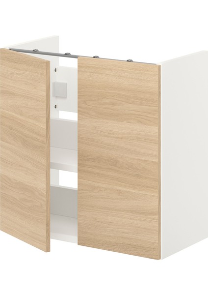 Lavabo Dolabı, Beyaz-Meşe Görünümlü, 60X32X60 Cm, 2 Kapaklı