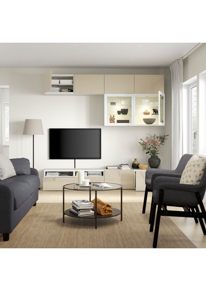 Tv Ünitesi, Beyaz-Parlak Cila-Bej, 240X42X231 Cm, Selsvıken/glassvık, Çıt Çıt Raylı indirimleri
