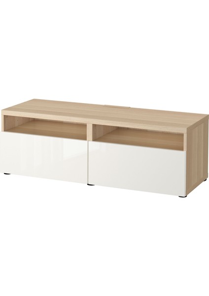 Tv Sehpası, Ağartılmış Meşe Görünümlü-Parlak Cila-Beyaz, 120X42X39 Cm, Selsvıken, Çıt Çıt Raylı