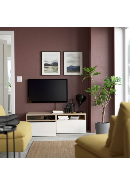 Tv Sehpası, Ağartılmış Meşe Görünümlü-Parlak Cila-Beyaz, 120X42X39 Cm, Selsvıken, Çıt Çıt Raylı fiyatları