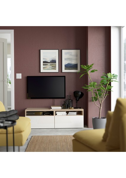 Tv Sehpası, Ağartılmış Meşe Görünümlü-Parlak Cila-Beyaz, 120X42X39 Cm, Selsvıken, Çıt Çıt Raylı modelleri