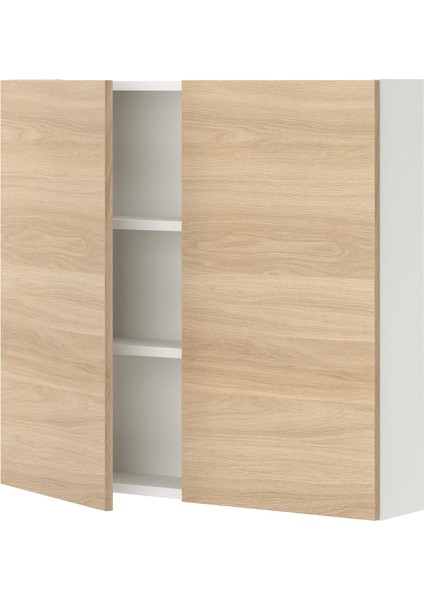 Banyo Duvar Dolabı, Beyaz-Meşe Görünümlü, 80X15X75 Cm, 2 Kapaklı