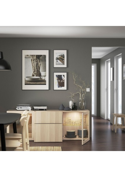 Dolap Kombinasyonu, Ağartılmış Meşe Görünümlü-Beyaz Meşe Görünümlü-Şeffaf Cam, 180X42X65 Cm, Lappvıken/sındvık, Çıt Çıt Raylı
