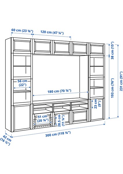Tv Ünitesi, Beyaz-Şeffaf Cam, 300X42X231 Cm, Smevıken/ostvık, Çıt Çıt Raylı