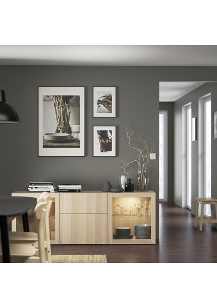 Dolap Kombinasyonu, Ağartılmış Meşe Görünümlü-Beyaz Meşe Görünümlü-Şeffaf Cam, 180X42X65 Cm, Lappvıken/sındvık, Fren Raylı