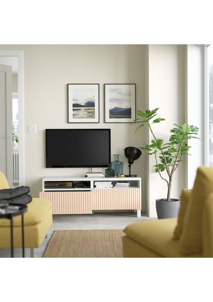 Tv Sehpası, Beyaz-Huş Kaplama, 120X42X48 Cm, Bjorkovıken, Fren Raylı fiyatları