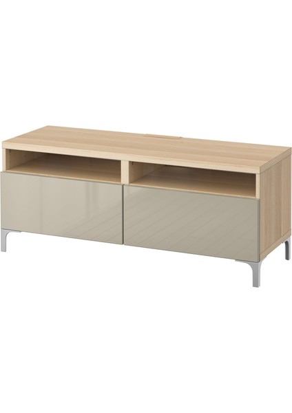 Tv Sehpası, Ağartılmış Meşe Görünümlü-Parlak Cila-Bej, 120X42X48 Cm, Selsvıken, Çıt Çıt Raylı
