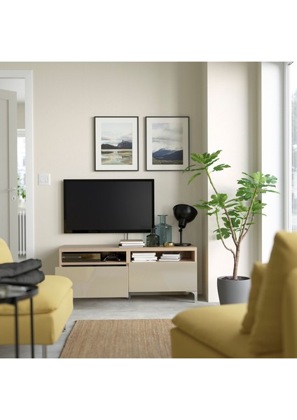 Tv Sehpası, Ağartılmış Meşe Görünümlü-Parlak Cila-Bej, 120X42X48 Cm, Selsvıken, Çıt Çıt Raylı fiyatları