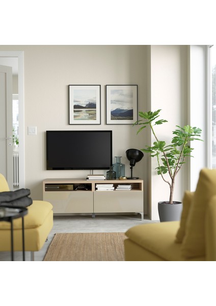 Tv Sehpası, Ağartılmış Meşe Görünümlü-Parlak Cila-Bej, 120X42X48 Cm, Selsvıken, Çıt Çıt Raylı modelleri