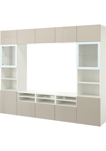 Tv Ünitesi, Beyaz-Parlak Cila-Bej, 300X42X231 Cm, Selsvıken/glassvık, Çıt Çıt Raylı