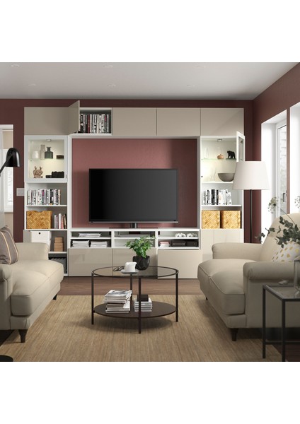 Tv Ünitesi, Beyaz-Parlak Cila-Bej, 300X42X231 Cm, Selsvıken/glassvık, Çıt Çıt Raylı indirimleri