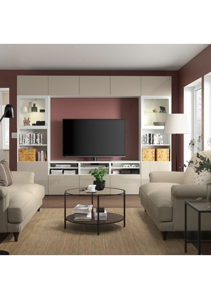 Tv Ünitesi, Beyaz-Parlak Cila-Bej, 300X42X231 Cm, Selsvıken/glassvık, Çıt Çıt Raylı
