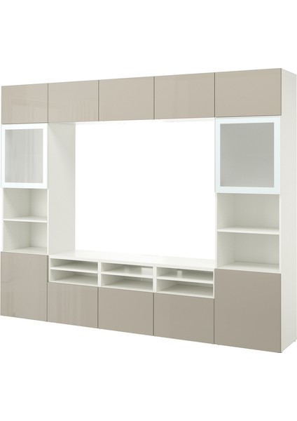 Tv Ünitesi, Beyaz-Parlak Cila-Bej, 300X42X231 Cm, Selsvıken/glassvık, Fren Raylı