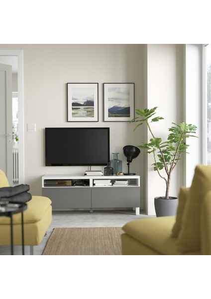 Tv Sehpası, Beyaz-Koyu Gri, 120X42X48 Cm, Vastervıken, Çıt Çıt Raylı modelleri