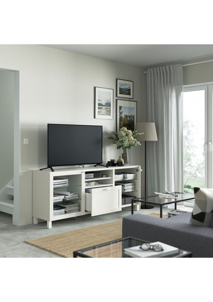 Tv Sehpası, Beyaz-Şeffaf Cam, 180X42X74 Cm, Hanvıken/sındvık, Çıt Çıt Raylı fiyatları